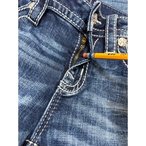 Miss Me Womens Distressed Blue Denim Jeans W26 Embellished Bull Low-Rise Bootcut - Picture 8 of 10